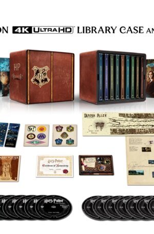 Harry Potter 8-Film Steelbook Library Case - full contents laid out including all nine steelbooks and paper premiums - fivestaredition.com