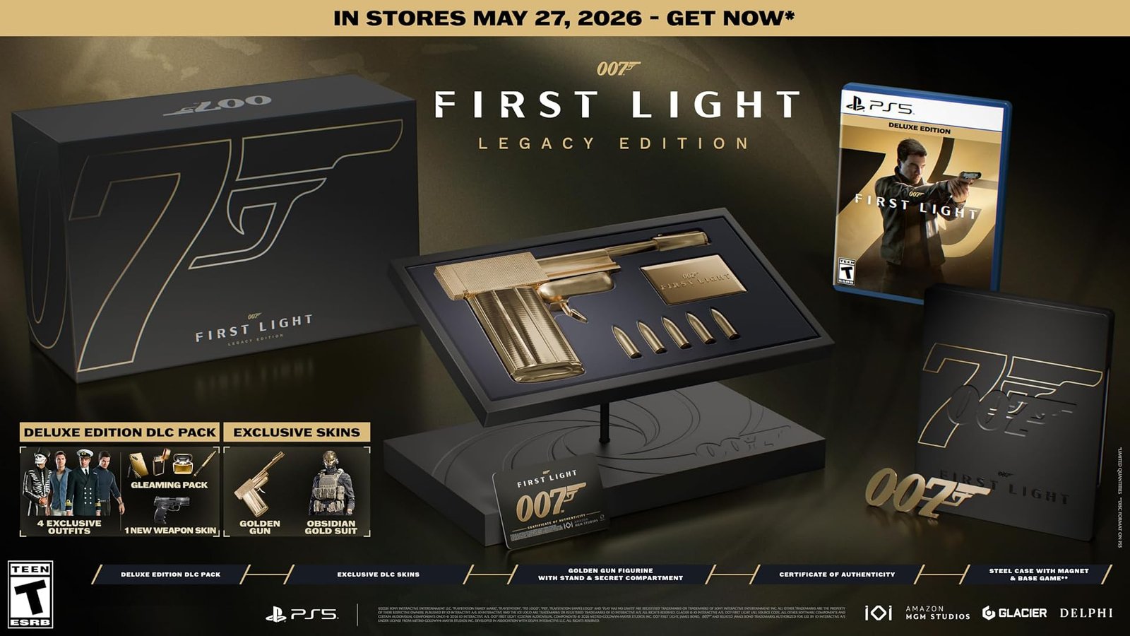 007 First Light Legacy Edition - packaging artwork showing the golden gun figurine with display stand and secret compartment - fivestarsedition.com