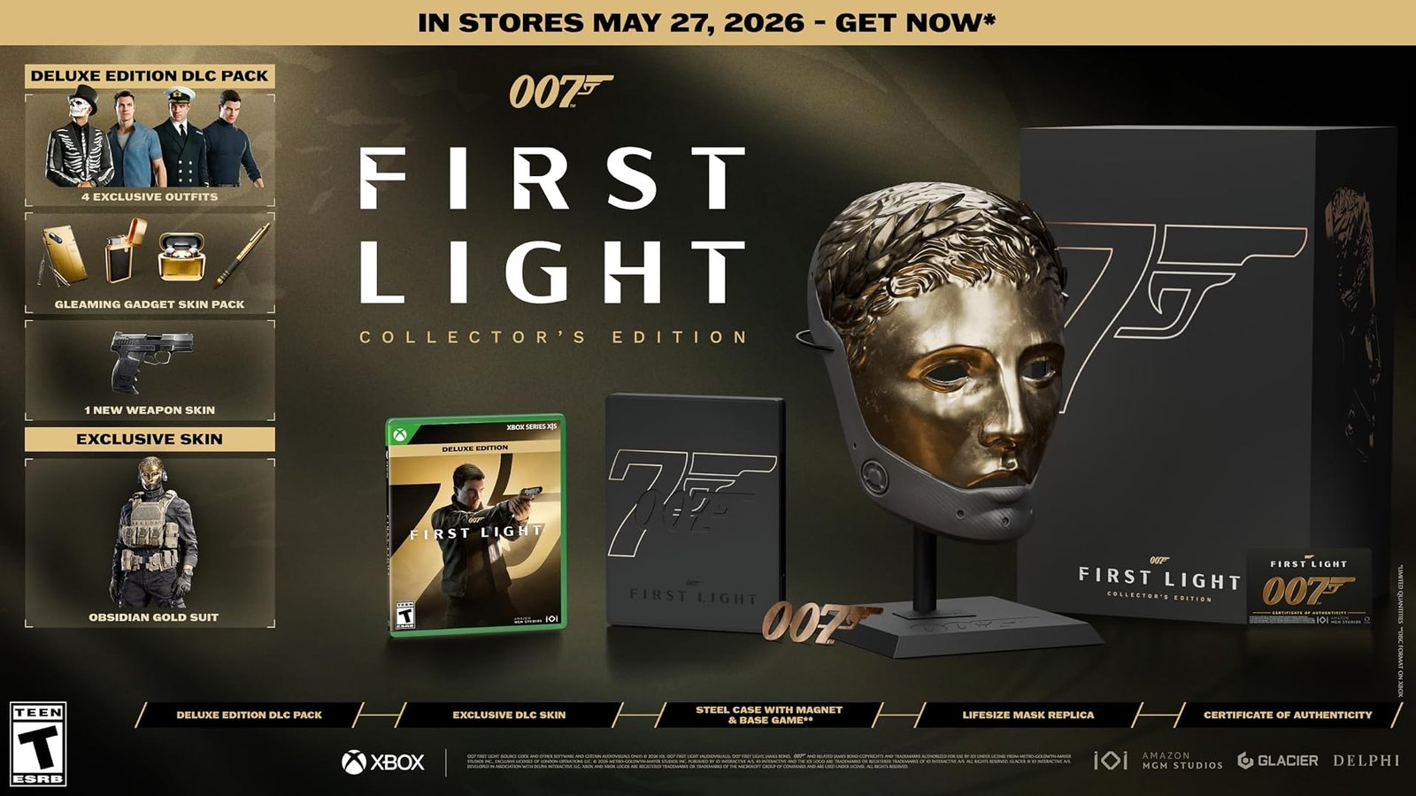 007 First Light Collector's Edition - Xbox Series X packaging artwork showing the Deluxe Edition outfits and gadget skin pack - fivestarsedition.com