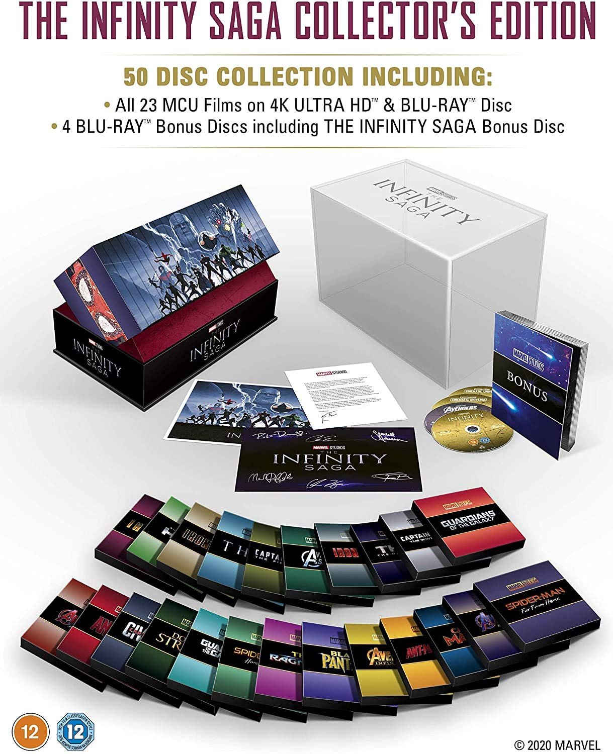 Marvel Studios The Infinity Saga Collector's Edition - all 23 films and bonus discs fanned out in front of the box - fivestaredition.com