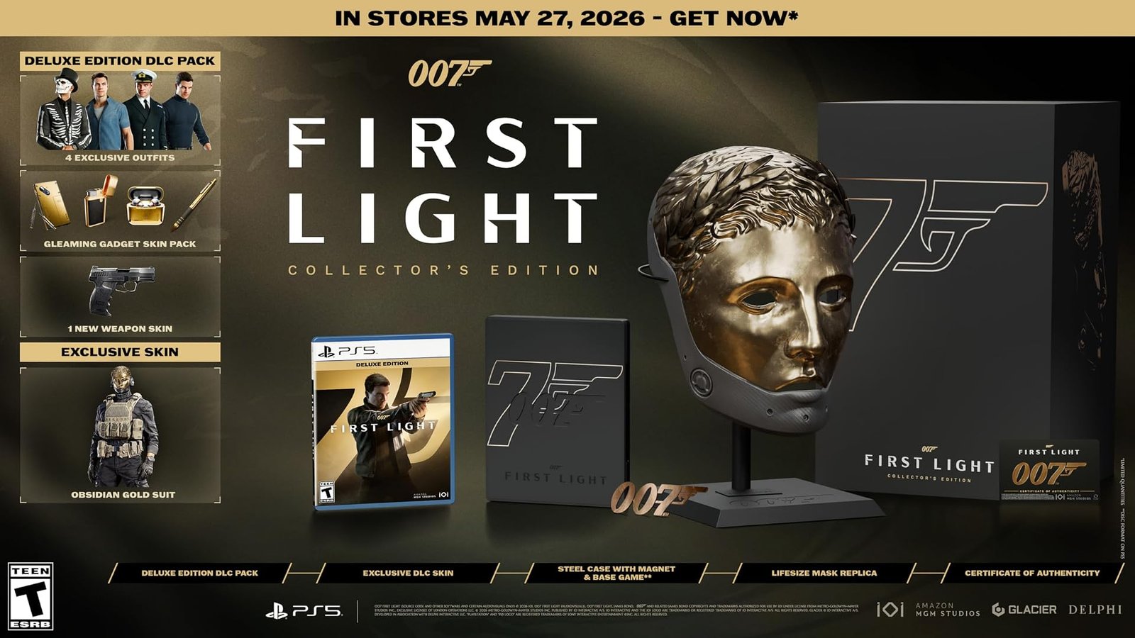 007 First Light Collector's Edition - official packaging artwork showing the lifesize Goldmask replica, steelbook and certificate of authenticity - fivestarsedition.com