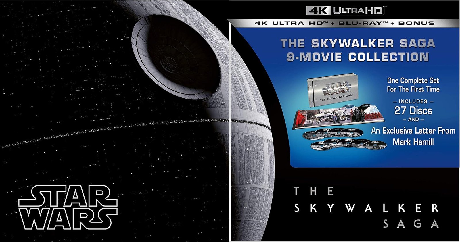 Star Wars Skywalker Saga box set - official 4K Ultra HD packaging artwork showing the 9-movie collection and disc spread - fivestaredition.com