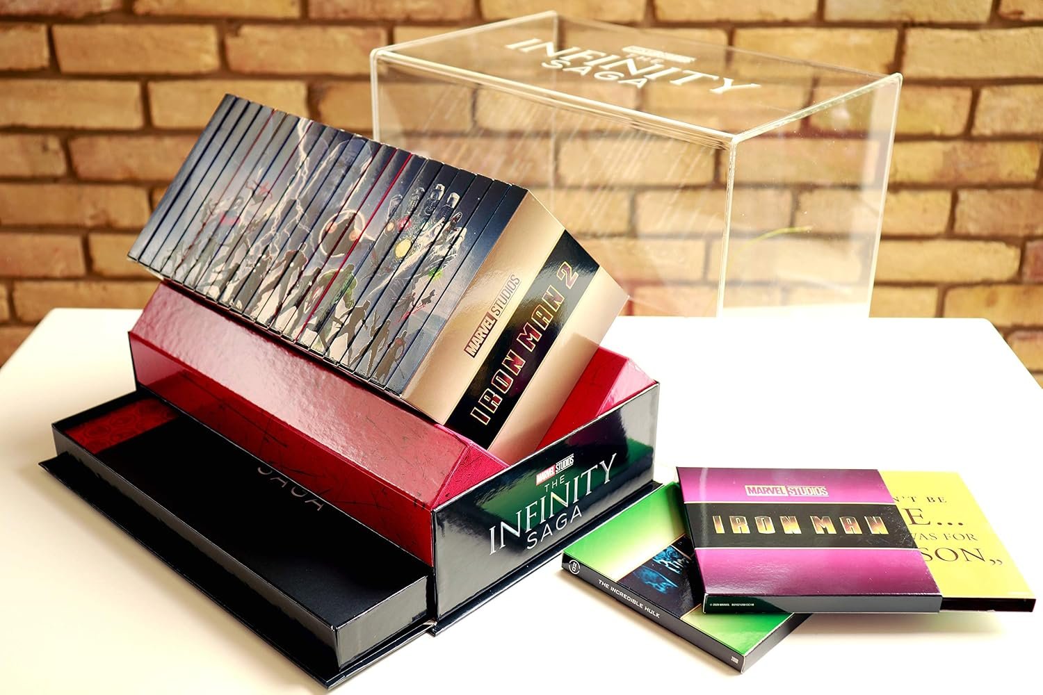 Marvel Studios The Infinity Saga Collector's Edition - acrylic display case lifted to show the fanned-out film digipacks - fivestaredition.com
