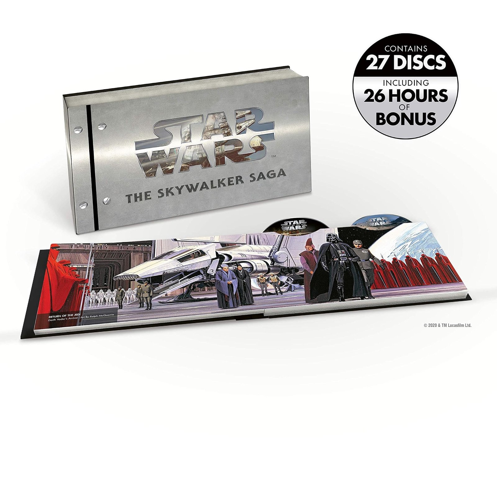 Star Wars Skywalker Saga box set - closed steel-look hardcover book next to an open page spread with Return of the Jedi artwork and discs - fivestaredition.com