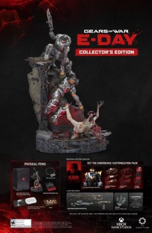 Gears of War E-Day Collector's Edition - official key art with statue and box contents - fivestaredition.com