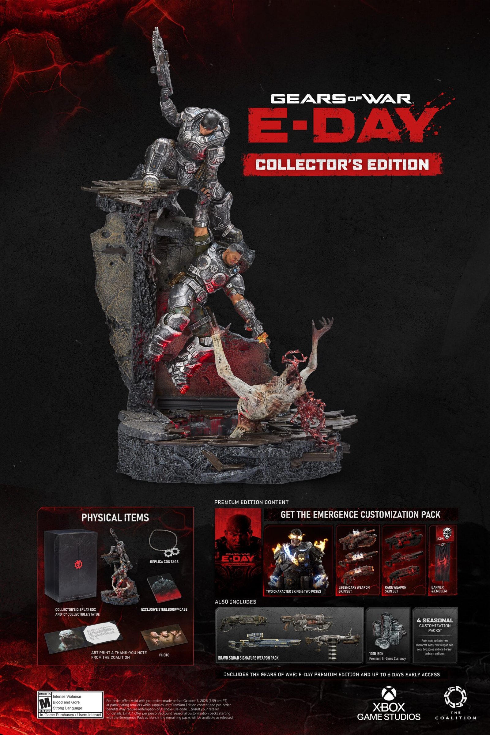 Gears of War E-Day Collector's Edition - official key art with statue and box contents - fivestaredition.com