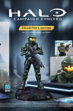 Halo Campaign Evolved Collector's Edition - official flat-lay of the SteelBook, Master Chief statue and Collector's Edition packaging - fivestaredition.com