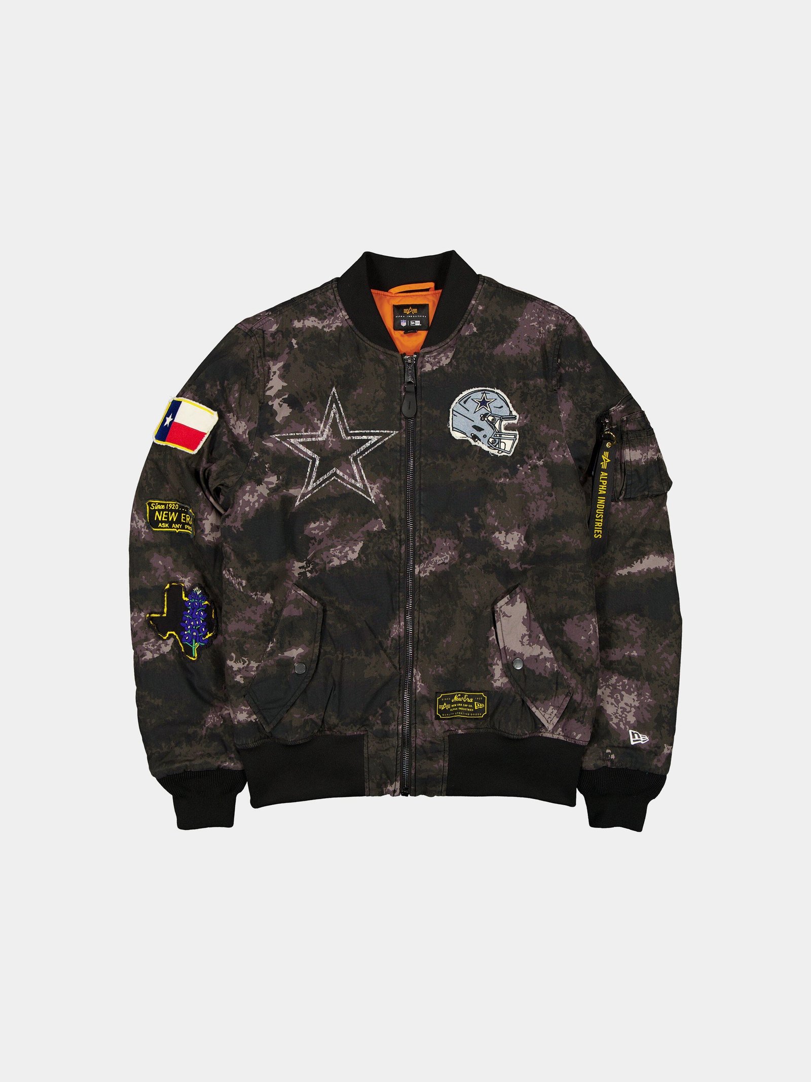 Dallas Cowboys x Alpha Industries x New Era MA-1 Bomber Jacket - Black Camo front view with screen-printed patches - fivestaredition.com