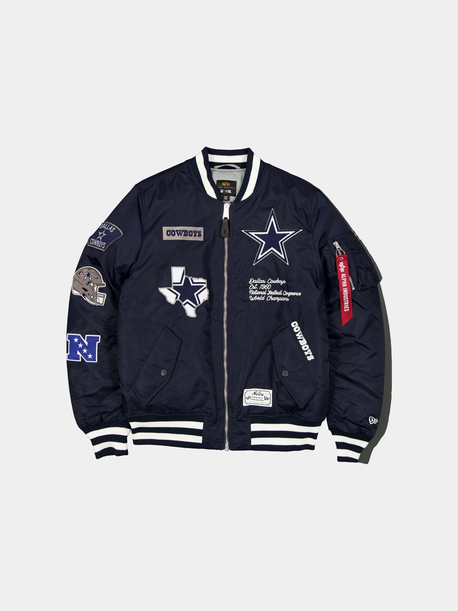 Dallas Cowboys x Alpha Industries x New Era MA-1 Bomber Jacket - Navy front view with embroidered Cowboys patches - fivestaredition.com