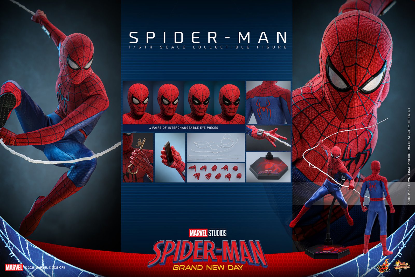 Spider-Man Brand New Day figure - interchangeable eye pieces, hands, web effects and display stand laid out - fivestaredition.com