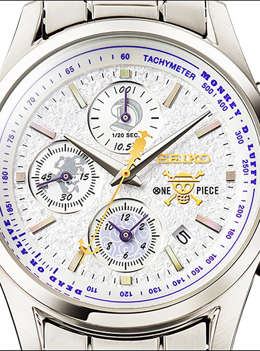 Seiko x One Piece Luffy Gear 5 - angled view of the chronograph dial and tachymeter bezel - fivestaredition.com