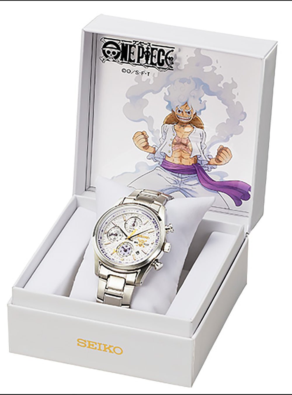 Seiko x One Piece Luffy Gear 5 - presentation box opened showing official Luffy Gear 5 artwork on the lid - fivestaredition.com