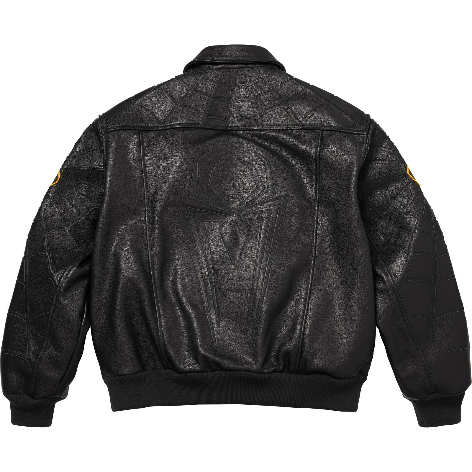 Supreme Vanson Leathers Spider-Man Jacket - Black colorway, tone-on-tone back logo - fivestaredition.com