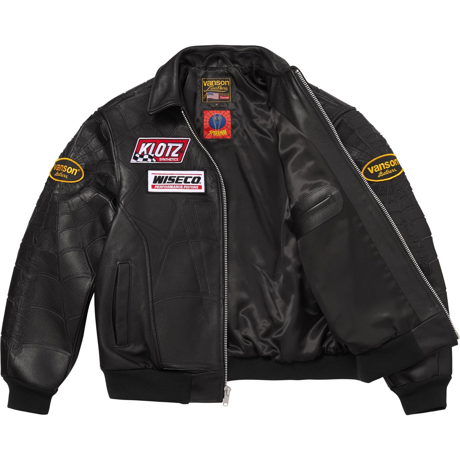 Supreme Vanson Leathers Spider-Man Jacket - Black colorway open, showing satin lining and interior pocket - fivestaredition.com