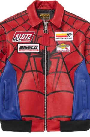 Supreme Vanson Leathers Spider-Man Jacket - Red and blue colorway, front view - fivestaredition.com