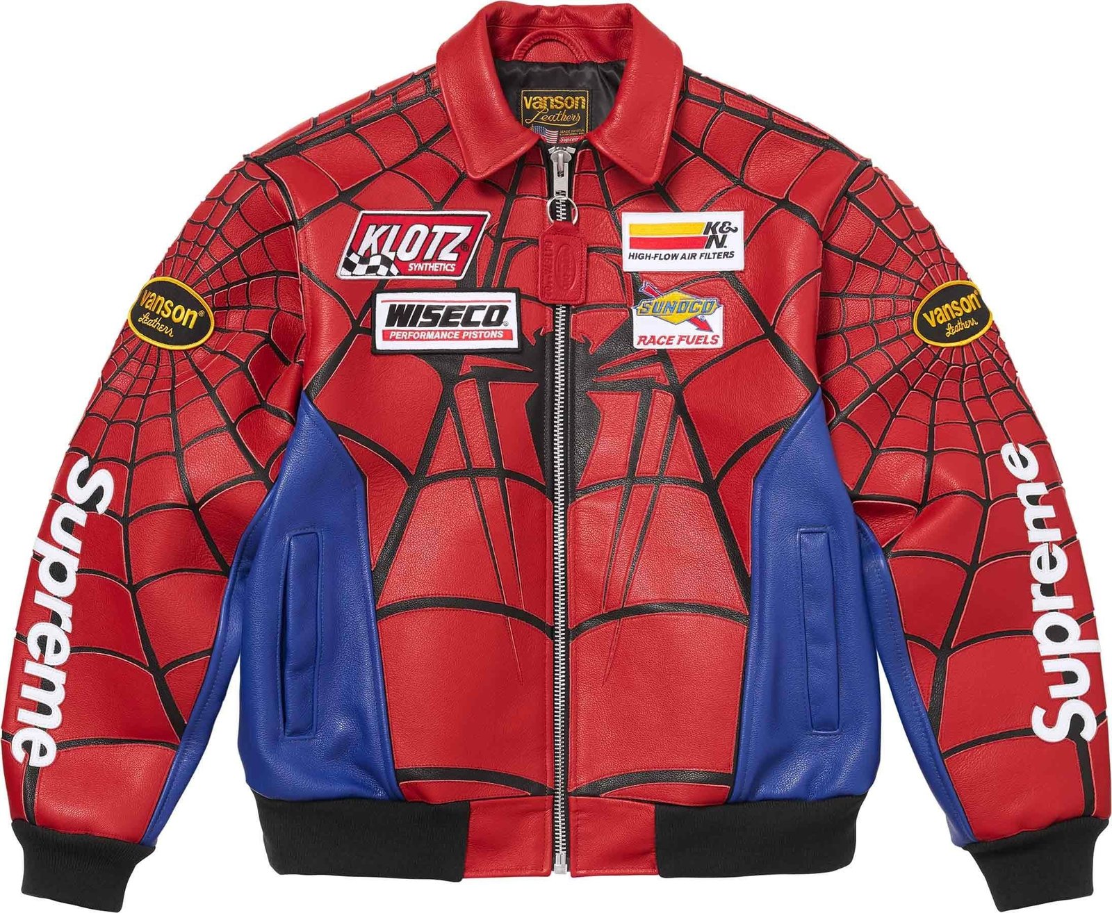 Supreme Vanson Leathers Spider-Man Jacket - Red and blue colorway, front view - fivestaredition.com