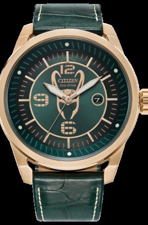 Citizen Eco-Drive Marvel Villains Loki watch - front view of the green dial with gold Loki helmet graphic - fivestaredition.com