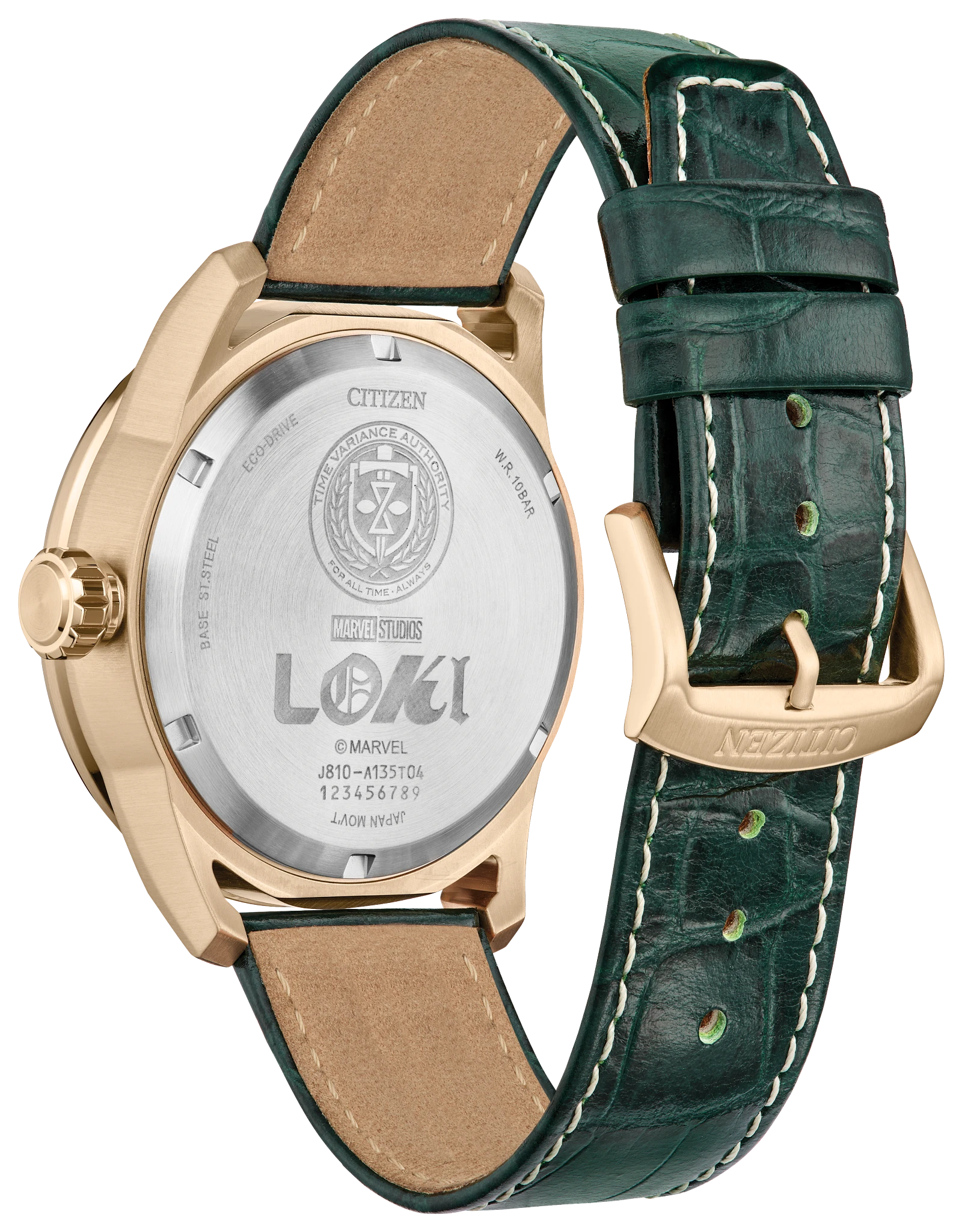 Citizen Eco-Drive Marvel Villains Loki watch - case back engraved with the Time Variance Authority icon and Loki nameplate - fivestaredition.com
