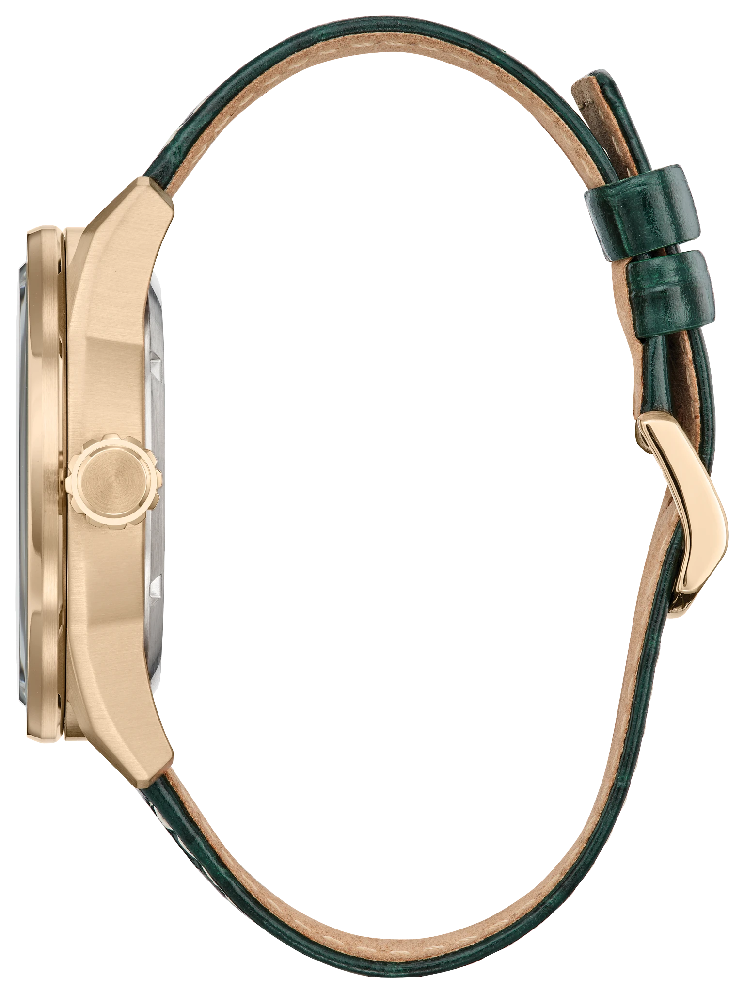 Citizen Eco-Drive Marvel Villains Loki watch - side profile showing the stainless steel case and green leather strap - fivestaredition.com