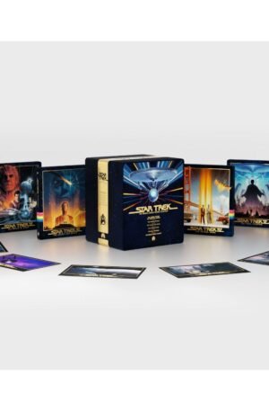 Star Trek: The Original Motion Picture Collection SteelBook Library Case - all six SteelBooks and art cards displayed around the slipcase - fivestaredition.com