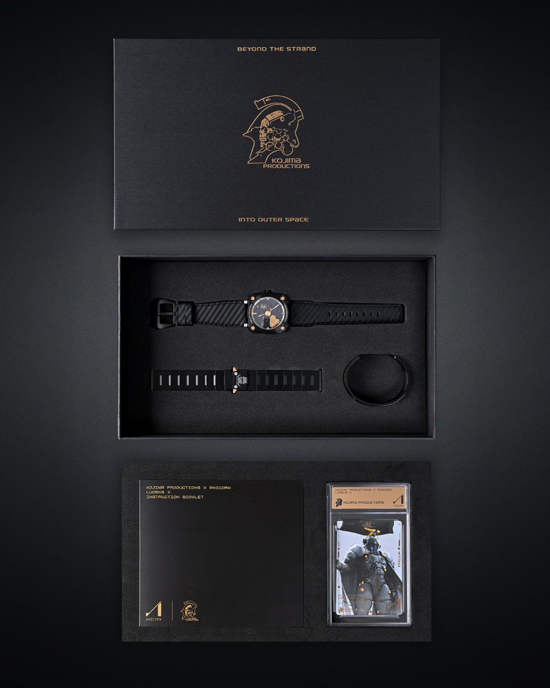 Ludens X watch by Kojima Productions and Anicorn - full set flat lay with straps and numbered card - fivestaredition.com