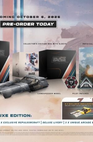 Star Wars Galactic Racer Collector's Edition - official box contents infographic showing the art book, landspeeder model, patches and banner - fivestaredition.com