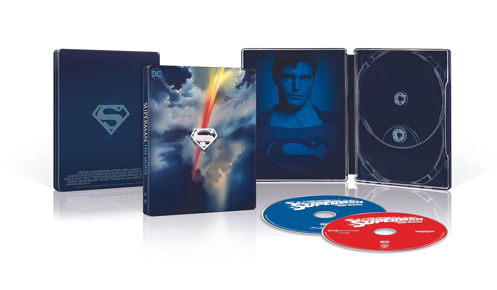 Superman 5-Film Steelbook Collection - Superman: The Movie steelbook case open showing disc artwork - fivestaredition.com