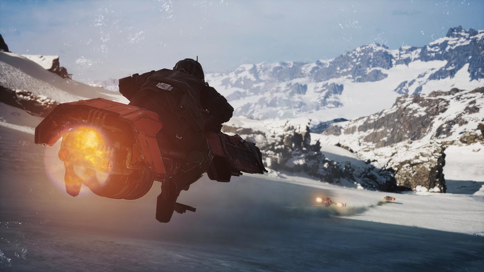 Star Wars Galactic Racer - a racer flying low over a snow-covered mountain pass - fivestaredition.com
