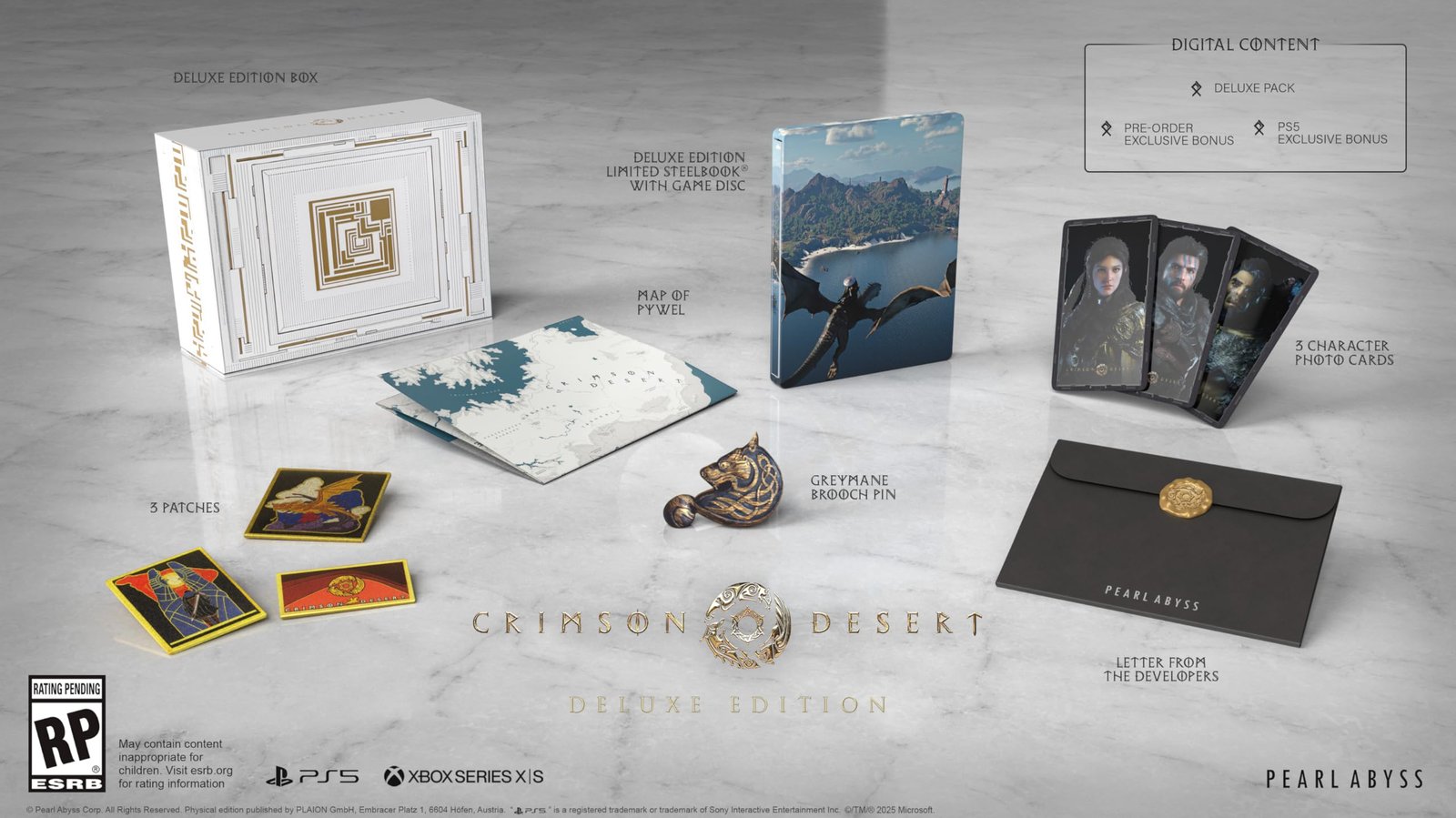 Crimson Desert Deluxe Edition box contents including SteelBook, map, and photo cards - fivestaredition.com