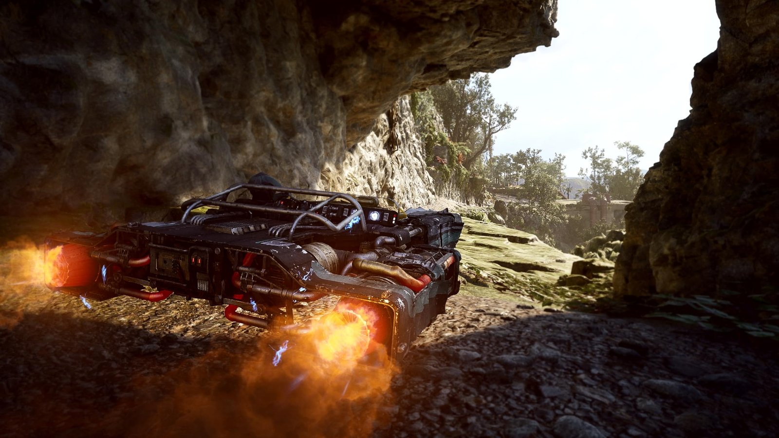 Star Wars Galactic Racer - close-up of a racing craft igniting its thrusters inside a rock cave - fivestaredition.com