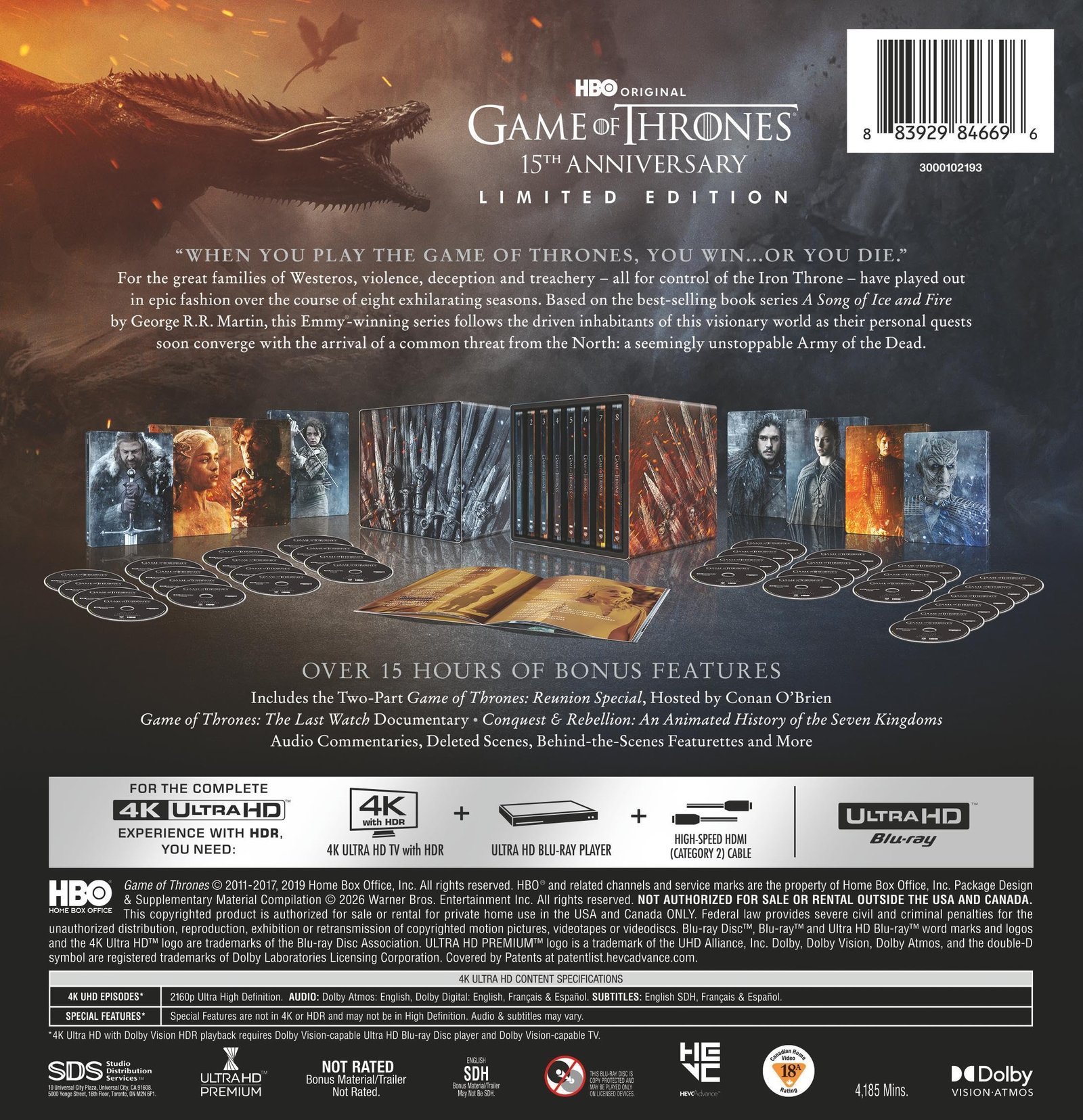 Game of Thrones 15th Anniversary Steelbook - back cover bonus features list - fivestaredition.com