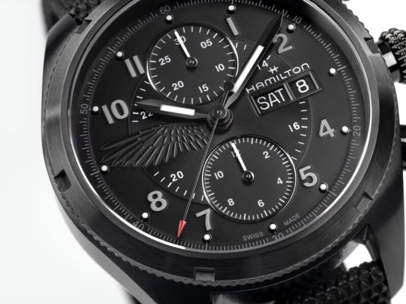 Hamilton Resident Evil Requiem Watch - macro shot of the wing motif on the black dial at 9 o'clock - fivestaredition.com