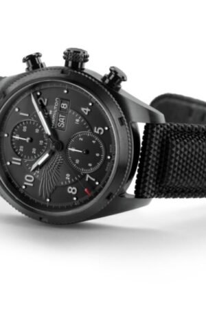 Hamilton Resident Evil Requiem Watch - three-quarter studio shot of the Khaki Field Auto Chrono Limited Edition - fivestaredition.com