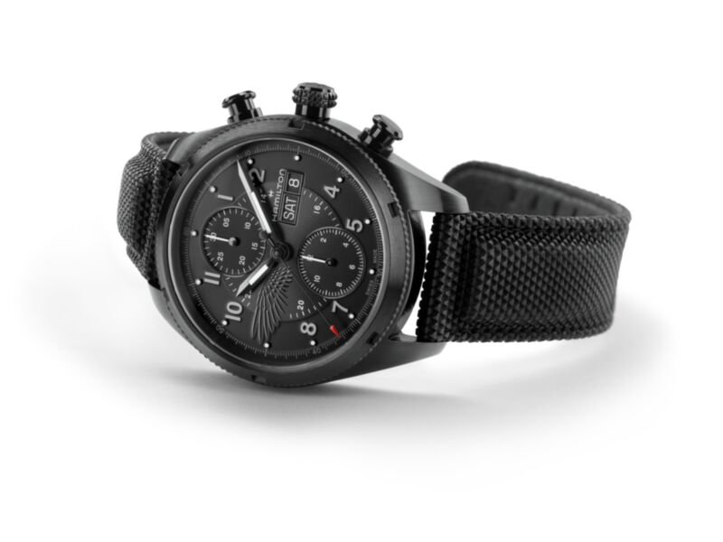 Hamilton Resident Evil Requiem Watch - three-quarter studio shot of the Khaki Field Auto Chrono Limited Edition - fivestaredition.com