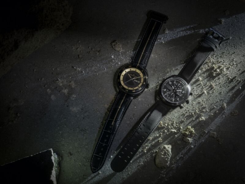 Hamilton Resident Evil Requiem Watch - Khaki Field Auto Chrono pictured next to the American Classic Pan Europ from the same collaboration - fivestaredition.com