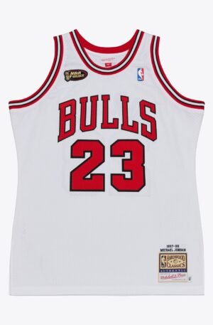 Michael Jordan 1998 NBA Finals Authentic Jersey - front view of the white home jersey with NBA Finals patch - fivestaredition.com
