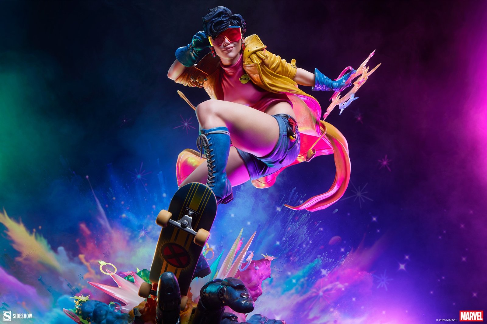 Jubilee Premium Format Figure - three-quarter view showing the yellow trench coat and pink crop top - fivestaredition.com