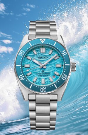 Seiko Prospex HBC011 - Daytime Blue wave dial diver watch riding an ocean wave in official campaign image - fivestaredition.com