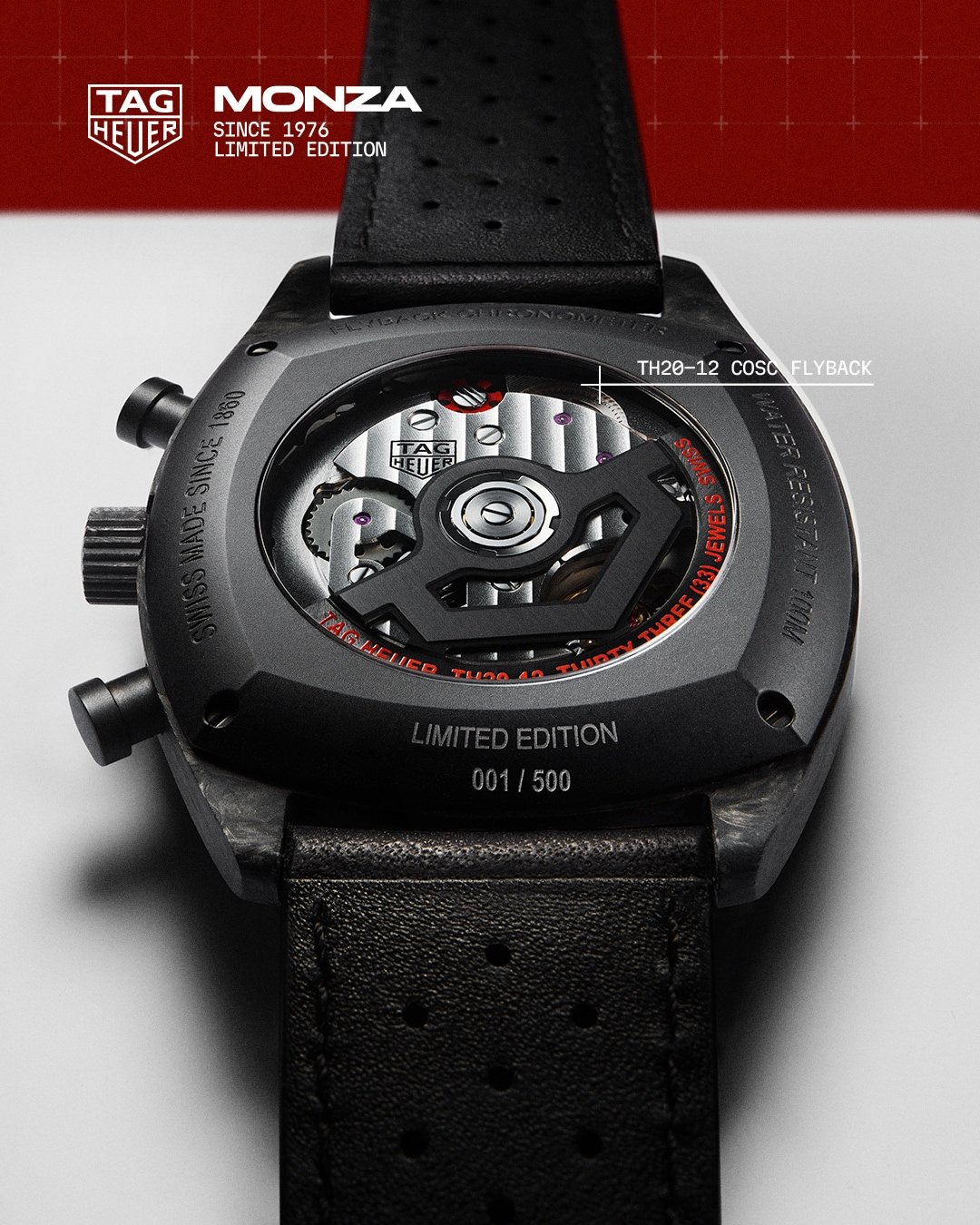 TAG Heuer Monza Flyback Chronograph 50th Anniversary - exhibition caseback showing the Calibre TH20-12 movement and limited edition numbering - fivestaredition.com