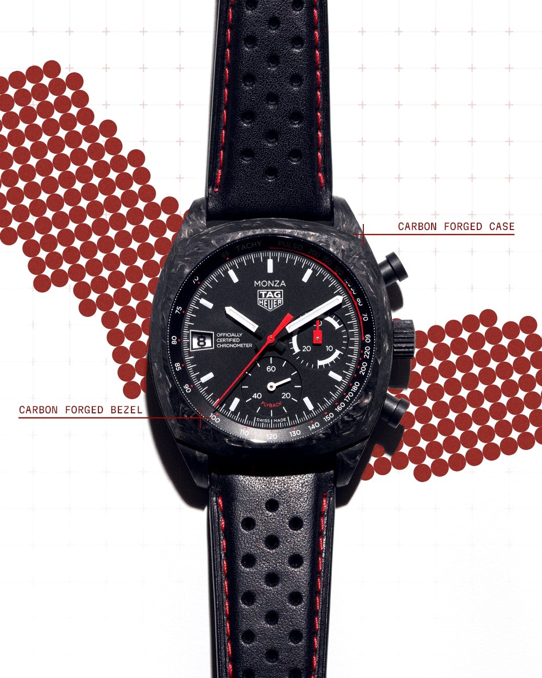 TAG Heuer Monza Flyback Chronograph 50th Anniversary - front view of the forged carbon case and matte black dial on the perforated leather strap - fivestaredition.com