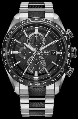 Citizen ATTESA Mandalorian Beskar - front dial view with world time bezel and chronograph subdials - fivestaredition.com
