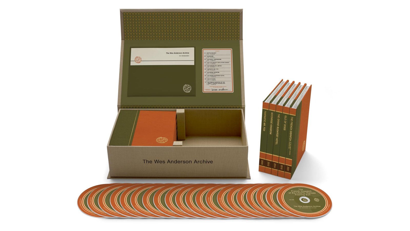 Wes Anderson Archive Criterion box set - open clothbound box with books and discs - fivestaredition.com