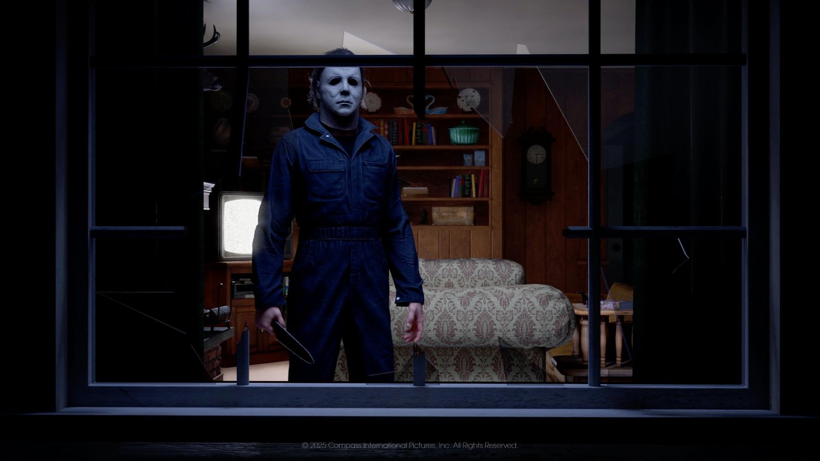 Halloween: The Game - Michael Myers watching through a window in official key art - fivestaredition.com