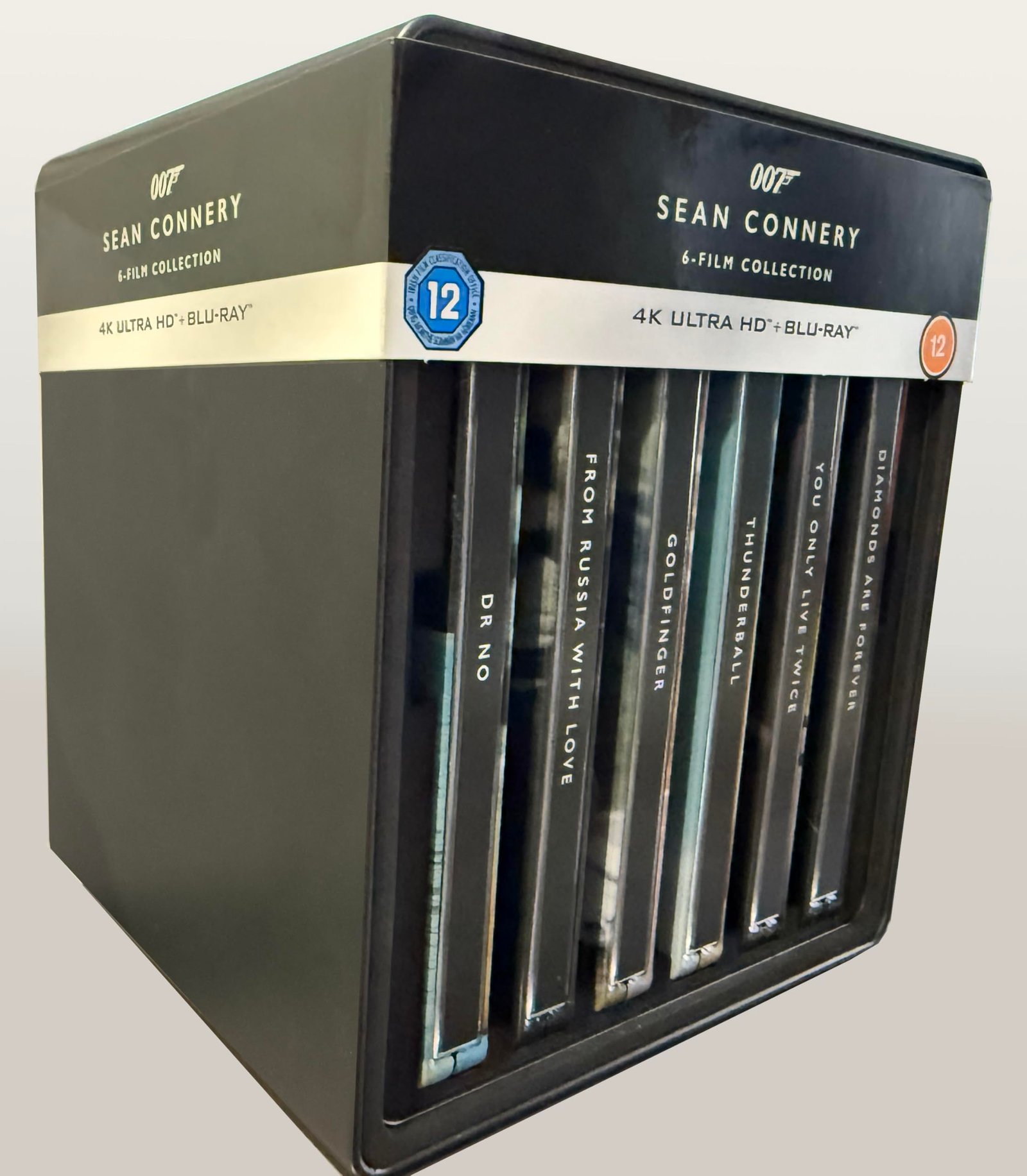 007 Sean Connery 6-film 4K SteelBook - library case angled to show the six steelbook spines - fivestaredition.com