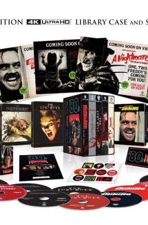 80's Horror 5-Film SteelBook Library Case - all five SteelBooks, discs and collectibles laid out - fivestaredition.com