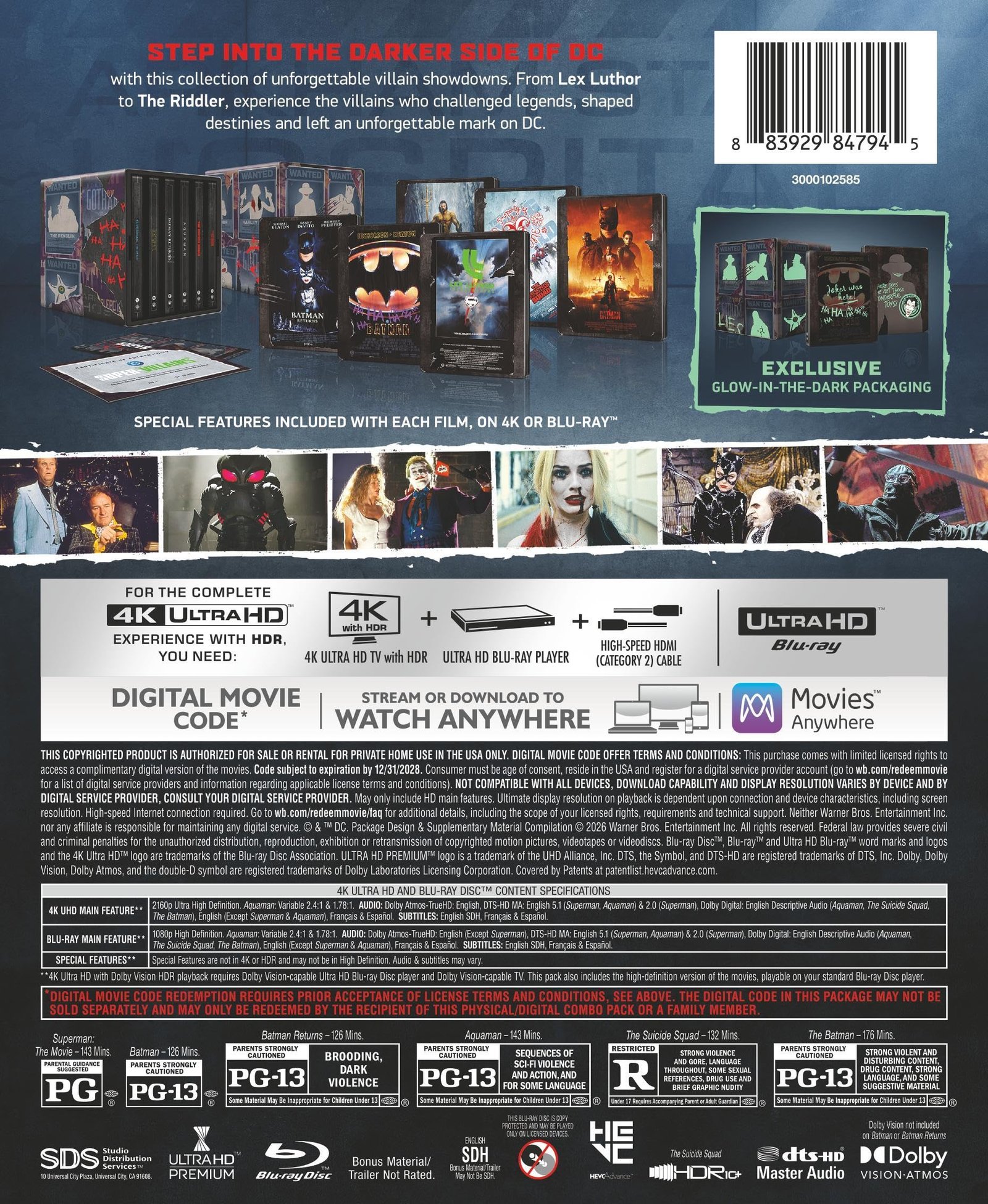 DC Villains Steelbook Library Case - back cover with the six steelbooks, specs and ratings - fivestaredition.com