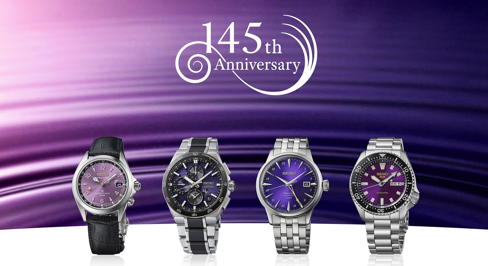Seiko Astron HAB011 - Edo purple 145th anniversary lineup next to the Alpinist, Presage and Seiko 5 Sports - fivestaredition.com