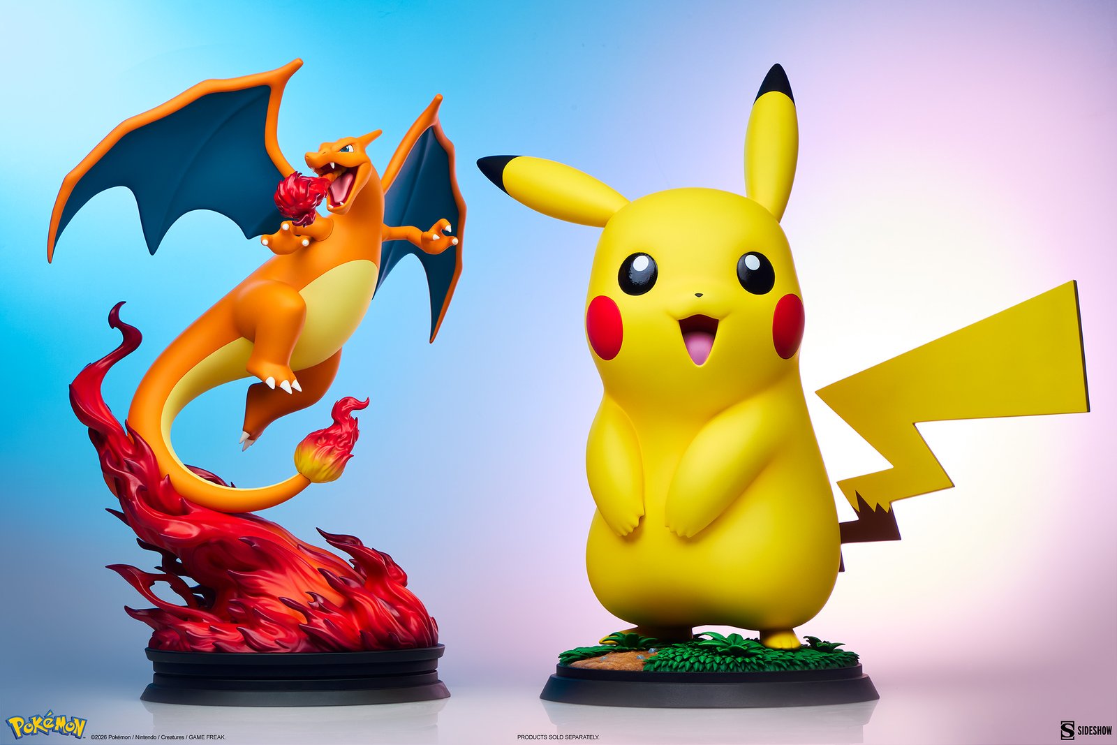 Sideshow Pikachu Life-Size Figure - Pikachu posed next to the Sideshow Charizard statue - fivestaredition.com