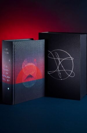 The Three-Body Problem Trilogy Folio Society Limited Edition - cloth-bound book standing beside its holographic clamshell case - fivestaredition.com