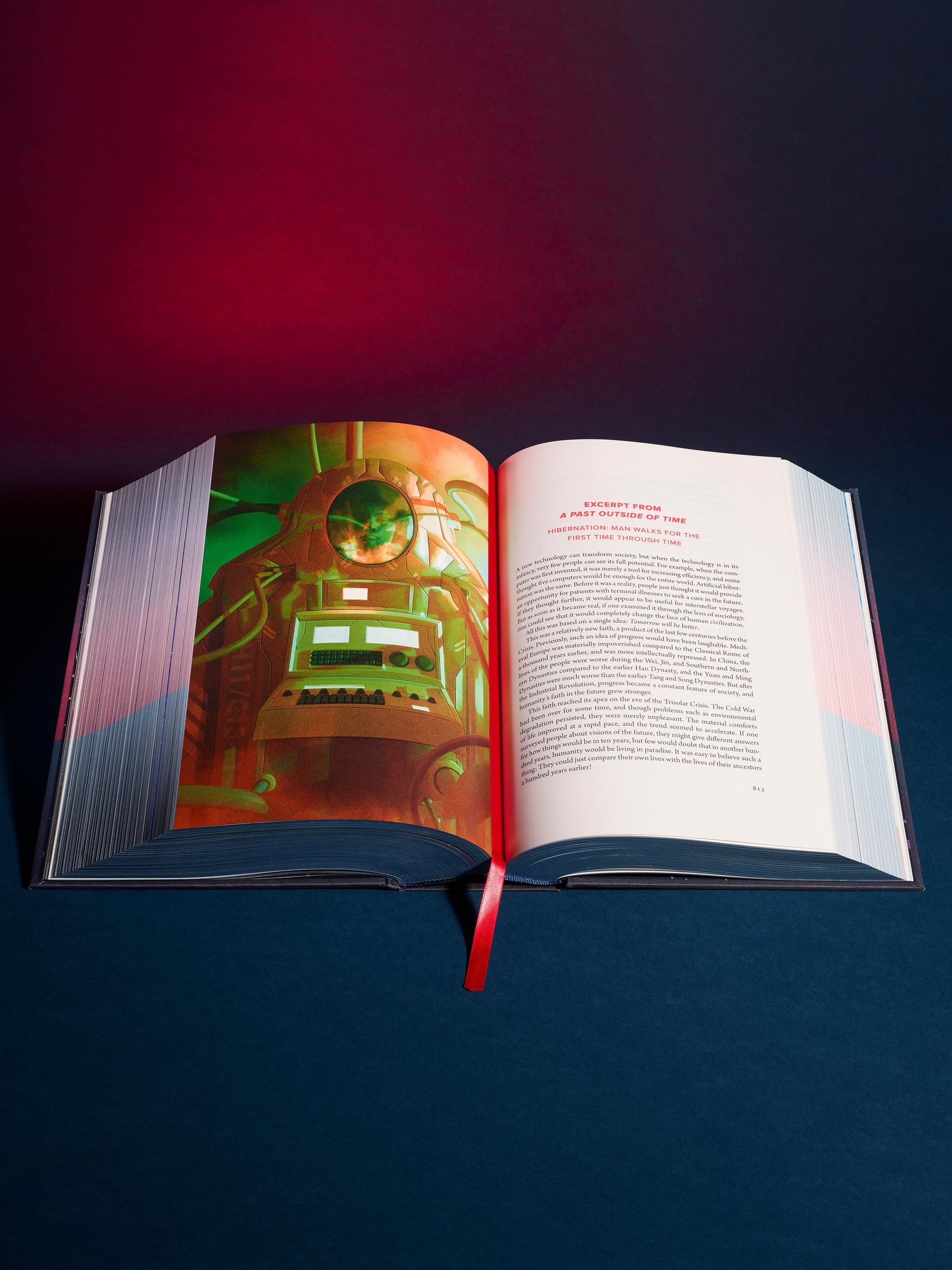 The Three-Body Problem Folio Society Limited Edition - open spread pairing a color illustration with a text page - fivestaredition.com